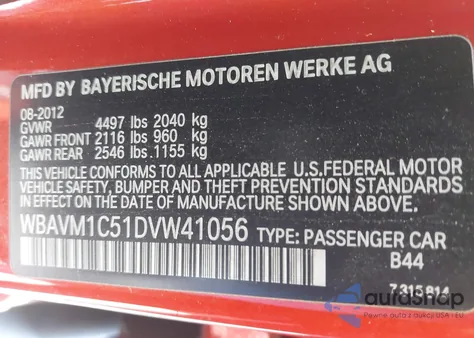 2013 BMW X1 Sdrive28I z USA, uszkodzony, nr VIN WBAVM1C51DVW41056